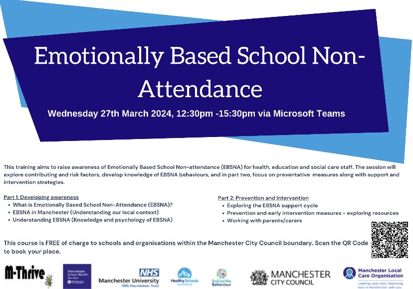 mcrhealthysch's tweet photo. New training session added to our Behind the behaviour programme! Emotionally Based School Non-Attendance - 27/3/24 . Free to all schools and organisations within the Manchester City Council boundary 👇 https://t.co/OaCLq8mx9b https://t.co/5JJUUVnVDw
