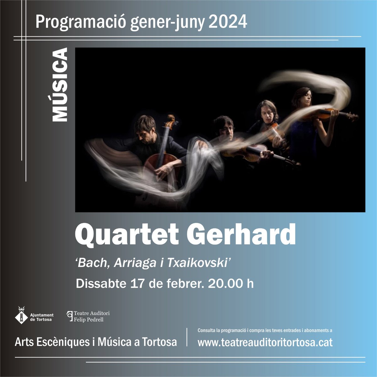 CULTURA | 🎼Guanyadors de diversos premis nacionals i internacionals, el Quartet Gerhard arriba a l'escenari del Teatre Auditori Felip Pedrell. No t'ho perdis! 🗓17 de febrer 🕒20.00 📲Més info i entrades teatreauditoritortosa.cat/event/quartet-…