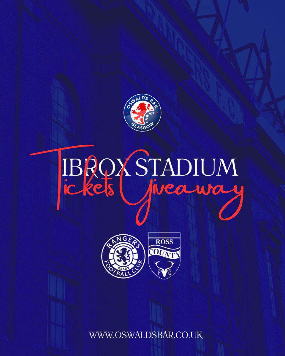 OswaldsBar's tweet photo. Ibrox Stadium SPFL tickets giveaway! 🏆

Win 2 tickets for this Wednesdays huge match Rangers v Ross County 

To win them simply follow the instructions below 👇
________________________________

- Follow @OswaldsBar

- In the comments tag the person you're taking 

- Share this post 

‐-------‐--------------------------------------------

IMPORTANT TO NOTE: The winner will only be drawn at 7pm on Tuesday 13th February. If you are contacted before then, please be advised that this is not us and is a scam page impersonating us. 

Good luck everyone 🤞🔴⚪🔵