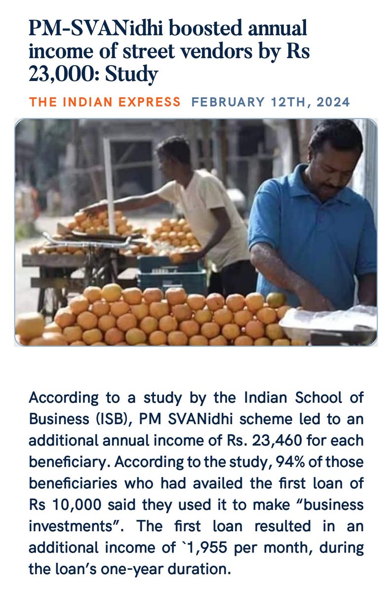 BlrNirmal's tweet photo. PM-SVANidhi boosted annual income of street vendors by Rs 23,000: Study
https://t.co/Vpdz5Tu1eT via NaMo App https://t.co/K8SU6nksEg