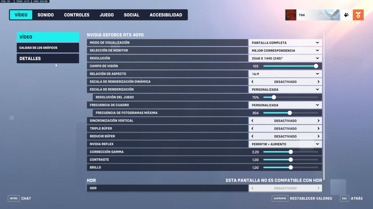 Toniki20's tweet photo. Si estáis pensando volver a Overwatch esta temporada o probarlo por primera vez, os dejo los settings para PC para que os vaya lo mejor posible +FPS -Input Lag

⚙ Escala de renderización yo la tengo al 75% porque mi pantalla es 1440p. Si tenéis pantalla 1080p la ponéis a 100% (nunca en automático)

⚙ Nvidia Reflex poned "permitir" o "permitir + aumento" según lo que os vaya mejor

⚙ Poned los FPS visibles (en DETALLES dentro de VÍDEO) y si os salen 3 puntitos (144...) en algún momento mientras jugáis, podéis hacer lo siguiente ▶ 

Activar Reducir buffer - Aplicar - Desactivar reducir buffer - Aplicar

Así el juego vuelve a primer plano y los fps ya irán bien