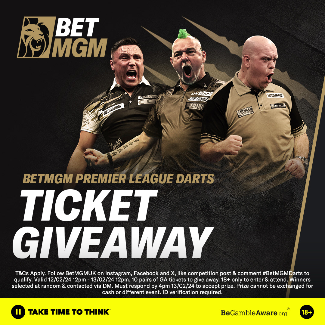 BetMGMUK's tweet image. Valentine’s Day gift idea… tickets to the BetMGM Premier League Darts! 🎯 

We have 10 pairs of tickets for Night 3 in Glasgow to give away! 🤩 

How to enter:

𝗙𝗢𝗟𝗟𝗢𝗪 @BetMGMUK 
𝗟𝗜𝗞𝗘 this post
𝗧𝗔𝗚 #BetMGMDarts

T&amp;amp;Cs: betmgm.uk/3OHZtSx

@OfficialPDC