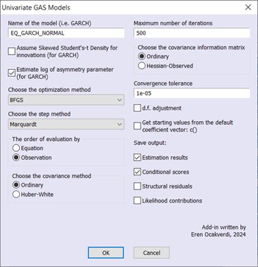 I’ve written an EViews add-in that implements the Generalized Autoregressive Score (GAS) method for GARCH-type volatility estimations. My post on EViews’ official blog outlines the use of this add-in along with an application to daily returns of USDTRY.
blog.eviews.com/2024/02/genera…