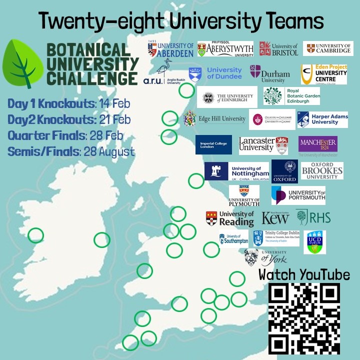 Botanical University Challenge #BUC2024 Twenty-eight (28!) teams from across British Isles, UK & Ireland. From Universities & other institutions. All loving #plants! @GatsbyPlantScEd @nhm_botany @NBGGlasnevinOPW @LinneanSociety @BSBIbotany @All_Horts @BBSbryology @CardiffCurator