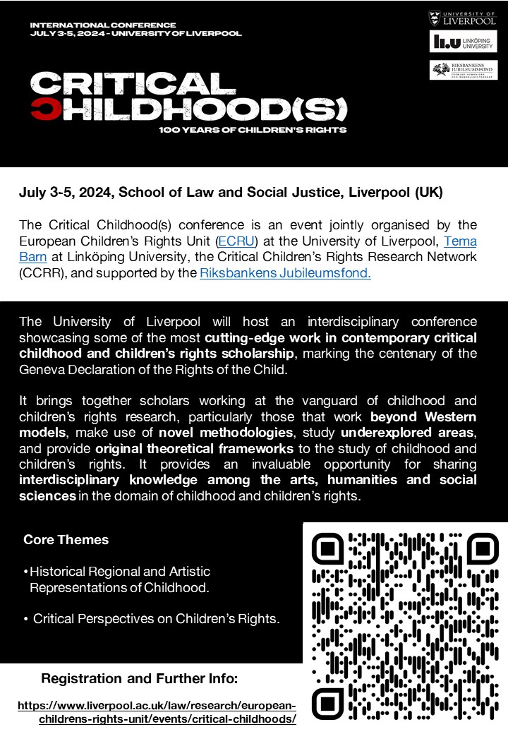 Registration and Programme for the Critical Childhood(s) Conference is now online! Join our fantastic line up of speakers in Liverpool in July. liverpool.ac.uk/law/research/e… @livuniHSS @LivUniSLSJ @LIVEChildRights