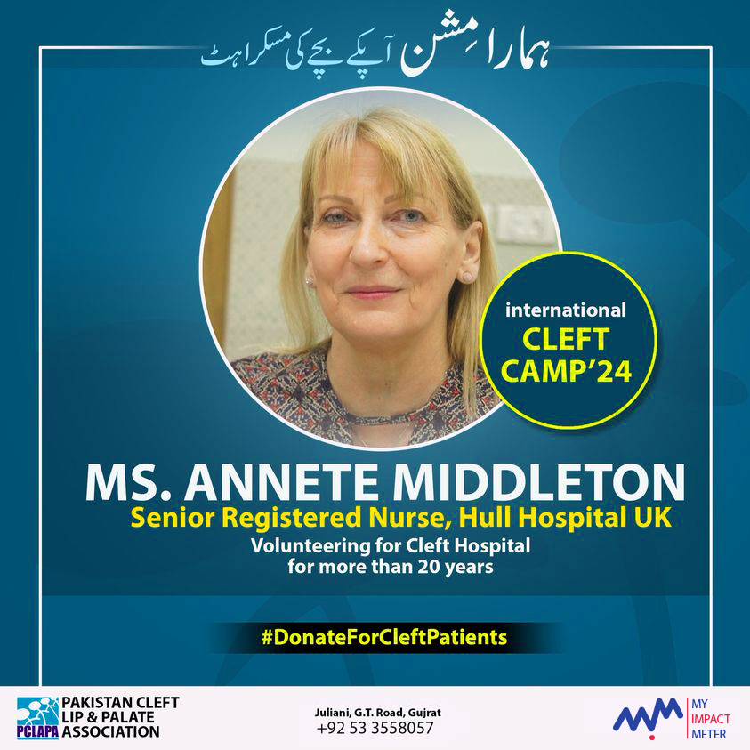 INTERNATIONAL #CLEFT SURGEONS TEAM VISIT'24 Ms. Annette Middleton Senior Registered Nurse, Hull Hospital UK Volunteering for PCLAPA more than 20 years #PCLAPA Keep Trying To Provide the Best Treatment in Alkhidmat Foundation Pakistan Donate Now mimimpactor.page.link/Kdp9