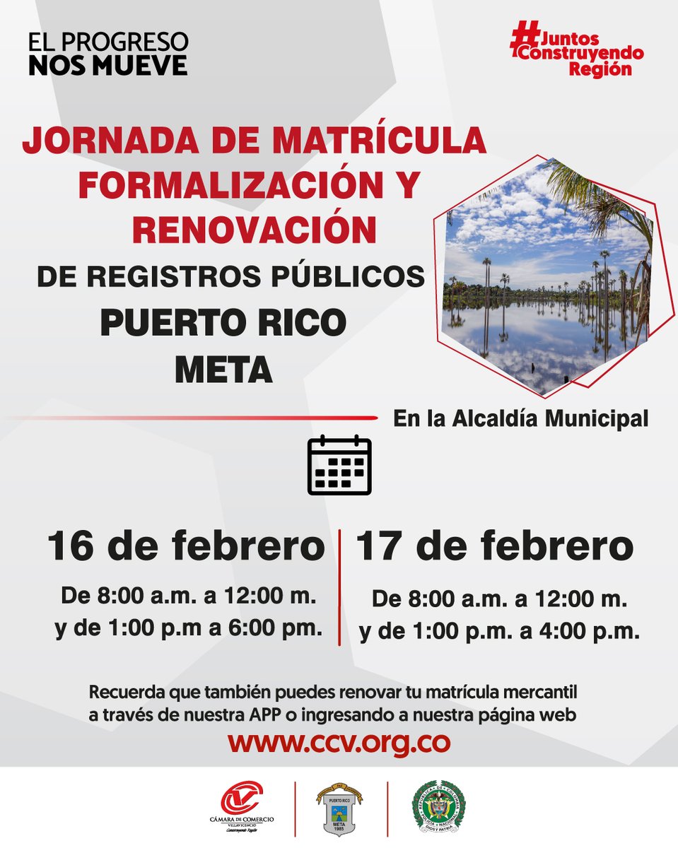 CCVillavicencio's tweet image. Empresarios, comerciantes y emprendedores de Puerto Rico Meta, los invitamos a participar de la JORNADA FORMALIZACIÓN Y RENOVACIÓN. ¡Los esperamos!✍

#ProgresoParaTodos #JuntosConstruyendoRegión