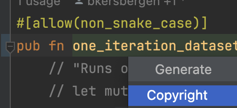 Rustrover IDE has the option to generate a Copyright for functions. Wouldn't it be awesome if it could also craft skeleton unittest code? 💻🔍 #Rust #IDE