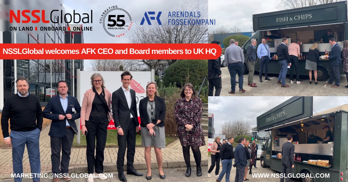 NSSLGlobal was delighted to host the first visit by Benjamin Golding, CEO of Arendals Fossekompani and Ann-Kari Heier, Arild Nysaether AFK Board members to the Redhill HQ, England. Joining employees for a very enjoyable English fish n’ chips lunch from the onsite catering van!