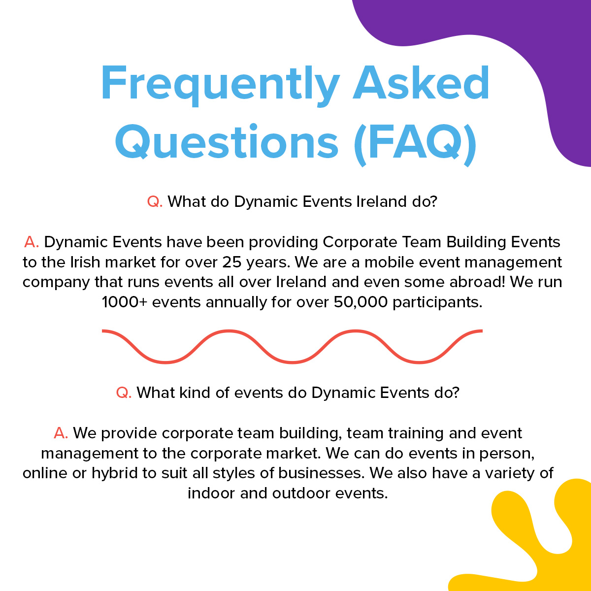 DynamicEventsIE's tweet image. Some FAQ's we receive from potential clients.

If you have a question let us know, if you contact us today we will respond today!

#TeamBuilding #DynamicEvents #CorporateEvents