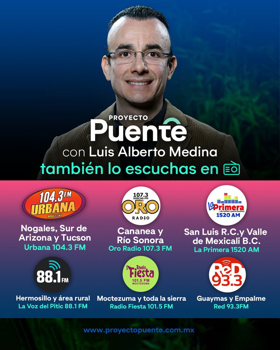 ¡Buenas noticias… hoy <a href="/ProyectoPuente/">Proyecto Puente</a> crece hacia Nogales, sur de Arizona y Tucson con <a href="/UrbanaPlayFM/">Urbana Play 104.3 FM</a>! 👏🏻

También ya pueden escucharnos en:
- Cananea y Río Sonora
- San Luis Río Colorado y Mexicali
- Moctezuma y toda la sierra 
- Guaymas y Empalme 
- Hermosillo y área rural…

Y