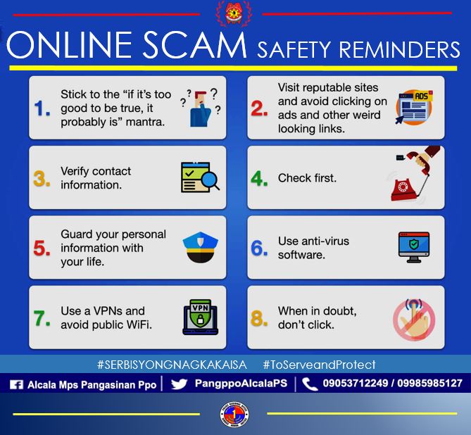 PangppoAlcalaPS's tweet photo. Online Scam Safety Reminders
#SerbisyongNagkakaisa
#ToServeandProtect
#BagongPilipinas
PD Pangasinan PPO
Pangasinan Police Provincial Office
Police Regional Office 1 https://t.co/gi3vsjI51l