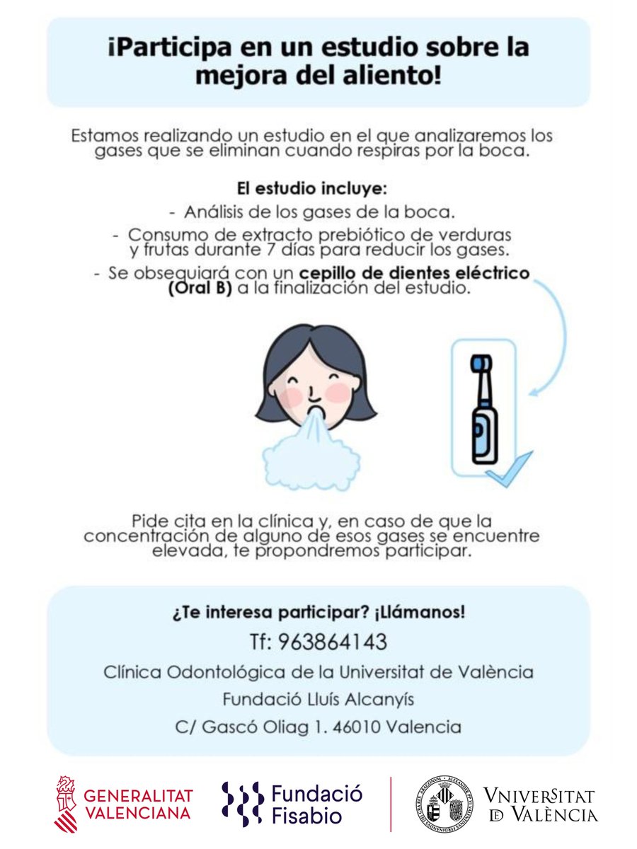 📢 Se buscan participantes para un estudio del Laboratorio de Microbioma Oral de #Fisabio (@OralMicrobioLab) sobre la mejora del aliento. 🔹 En la investigación se analizan los gases que se eliminan cuando se respira por la boca. 📞 Pide cita llamando al 963864143