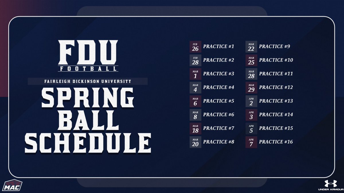 🚨𝐒𝐩𝐫𝐢𝐧𝐠 𝐁𝐚𝐥𝐥 𝐏𝐫𝐚𝐜𝐭𝐢𝐜𝐞 𝐒𝐜𝐡𝐞𝐝𝐮𝐥𝐞🚨 @FDUFootball gets back on the field for Spring Practice this month **Spring Ball will conclude with an Alumni Flag Game on April 7th** HS Coaches/Athletes interested in coming to watch practice reach out to our staff