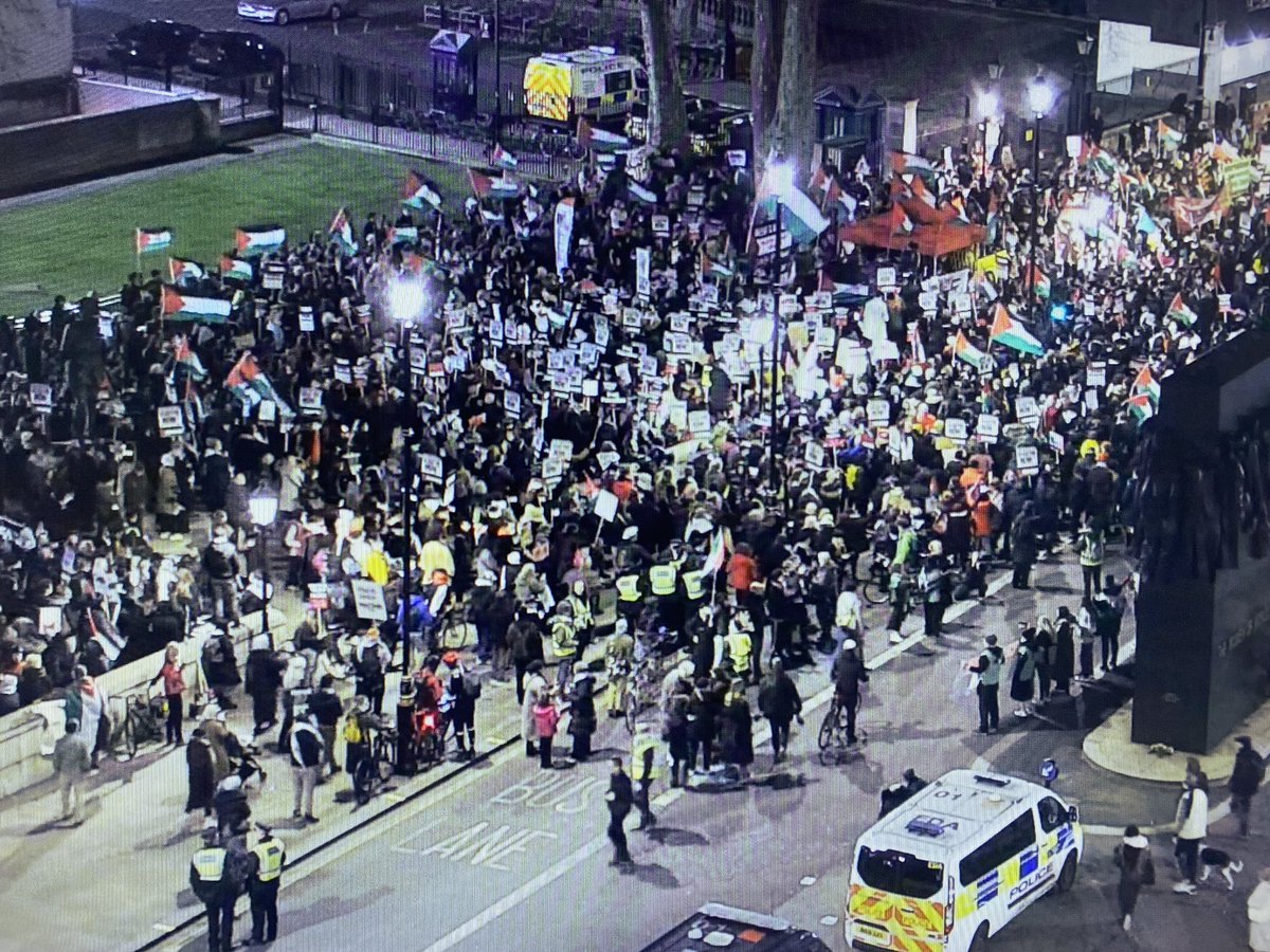 A static protest is taking place on Whitehall, opposite Downing Street. 

Officers are present to ensure it takes place safely and that any offences can be dealt with.  

Due to the numbers present we have closed the southbound carriageway from Horse Guards Avenue to Parliament
