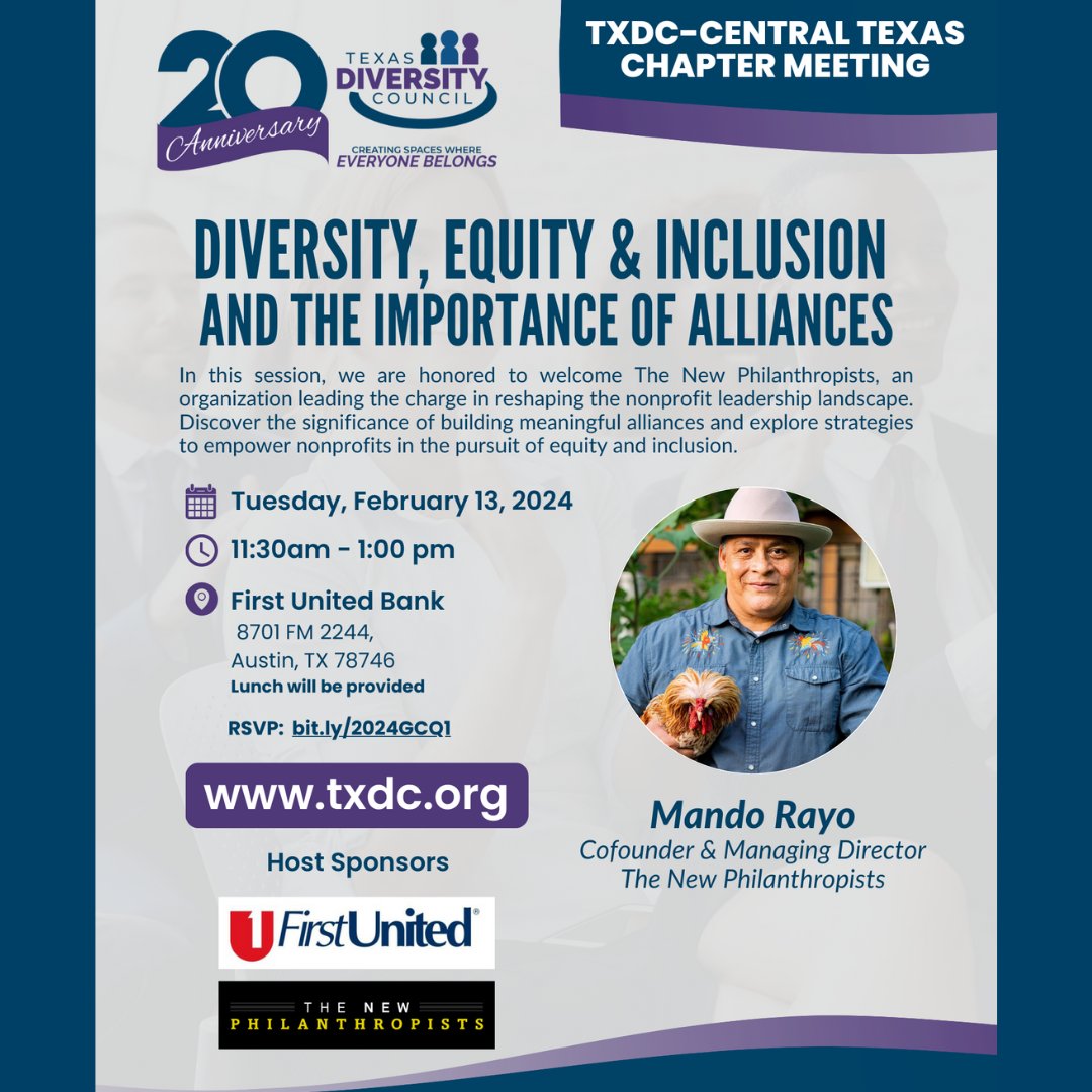 Happening Tomorrow!!!

Discover the significance of building meaningful alliances and explore strategies to empower nonprofits in the pursuit of equity and inclusion.

RSVP:bit.ly/2024CTQ1

#txdc #diversity