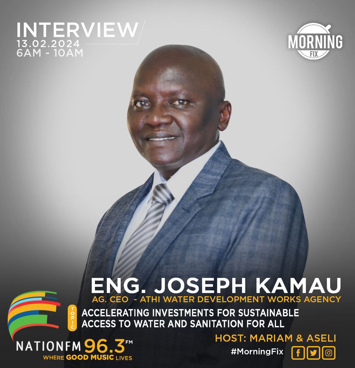 AthiWaterWorks's tweet image. Tune in to our Ag. CEO @EngJosephKamau on Nation FM discussing access to water and sanitation for all in preparation for the upcoming Water and Sanitation Investors Conference 2024 taking place from March 6 - 8th at the KICC.
#WASIC2024 #InvestinWaterKE #MorningFix