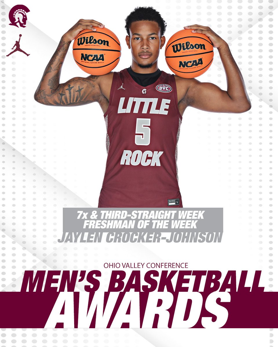 Congratulations to Jaylen Crocker-Johnson, the Ohio Valley Conference Freshman of the Week for the seventh time this season and for the third-straight week! 🏀 #LittleRockTrojans