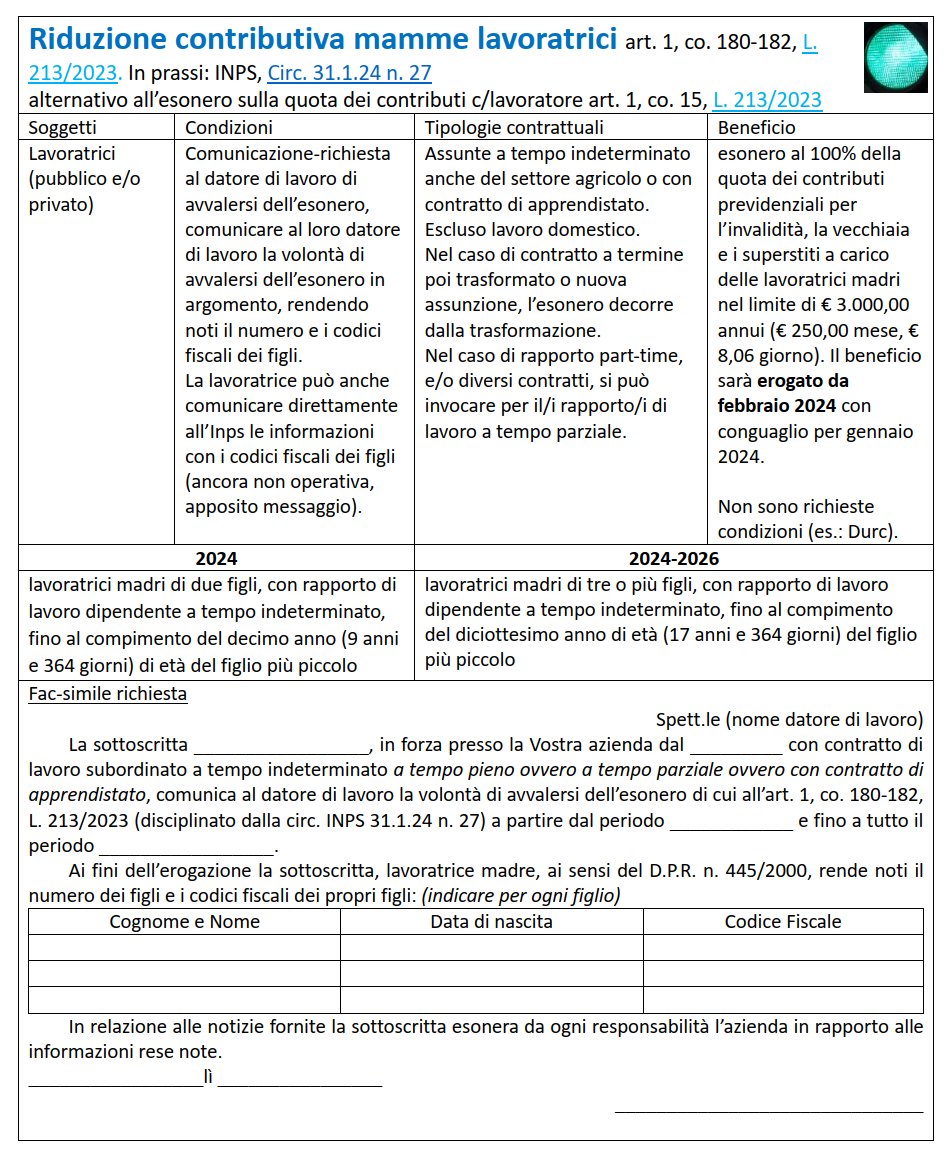 Anticipazione.
Riduzione contributiva mamme lavoratrici.
Sintesi e schema richiesta.