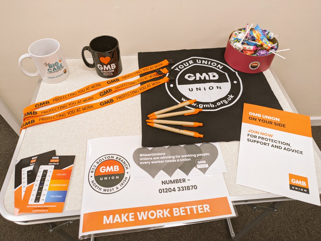 Great start to #HeartUnions week - getting @gmbbolton23 information into workplaces on why every worker needs a union and then catching up with @sontuligame with @GMB_union_NWI plans for May Day and beyond #JoinAUnion