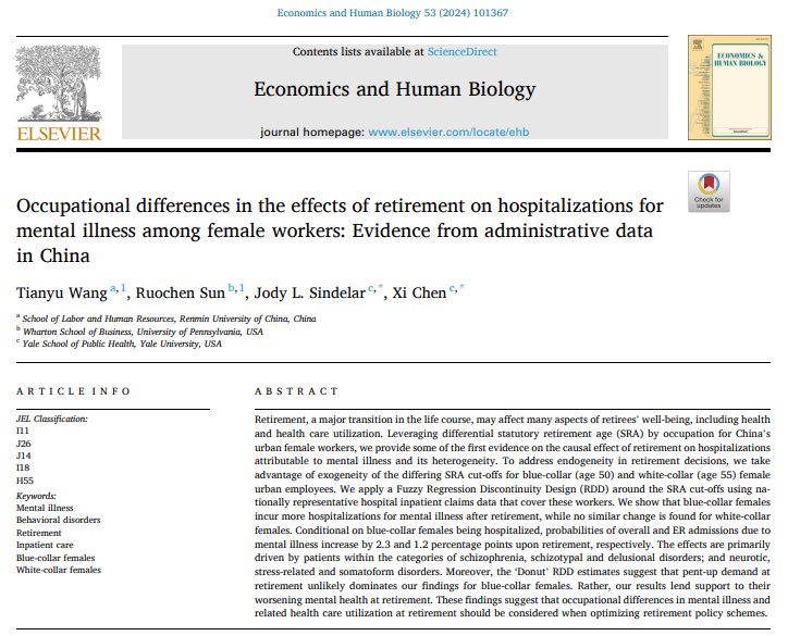 Retirement, a major life transition, may increase hospitalizations for mental illness. Leveraging differential statutory retirement age by occupation for China’s female workers, we provide some of the 1st causal evidence. w/ @ruochen_s Jody Sindelar @YaleHPM @YaleSPH @EconHumBiol