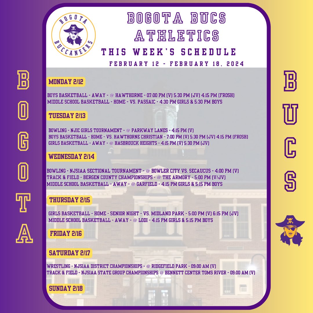 Bogota Bucs (@bogotaathletics) on Twitter photo Here is a look at this week's schedule of athletic events. Best of luck to all of our student-athletes and coaches. Go Bucs! <a href="/BogotaPublic/">Bogota Public Schools</a> <a href="/BogotaHigh/">Bogota Jr./Sr. High School</a> <a href="/bogotablognj/">Bogota Blog NJ</a> Here is a look at this week's schedule of athletic events. Best of luck to all of our student-athletes and coaches. Go Bucs! <a href="/BogotaPublic/">Bogota Public Schools</a> <a href="/BogotaHigh/">Bogota Jr./Sr. High School</a> <a href="/bogotablognj/">Bogota Blog NJ</a>