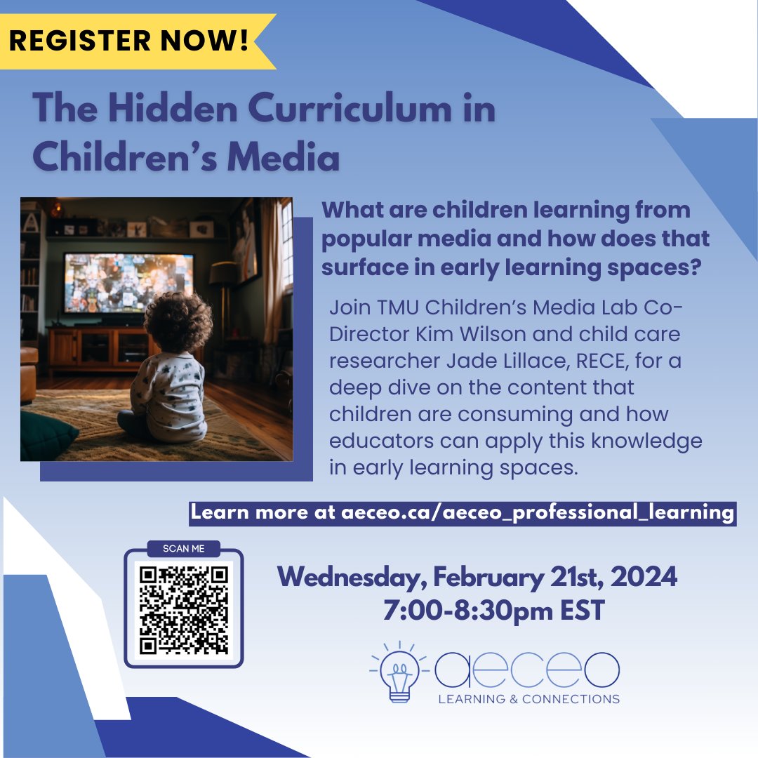 AECEO's tweet photo. Event alert for the #ECE community! Join us for The Hidden Curriculum in Children's Media, a professional learning session happening next Wednesday, Feb 21 at 7PM. More info and registration on https://t.co/nvbp8tRJIL https://t.co/QurU140jtD