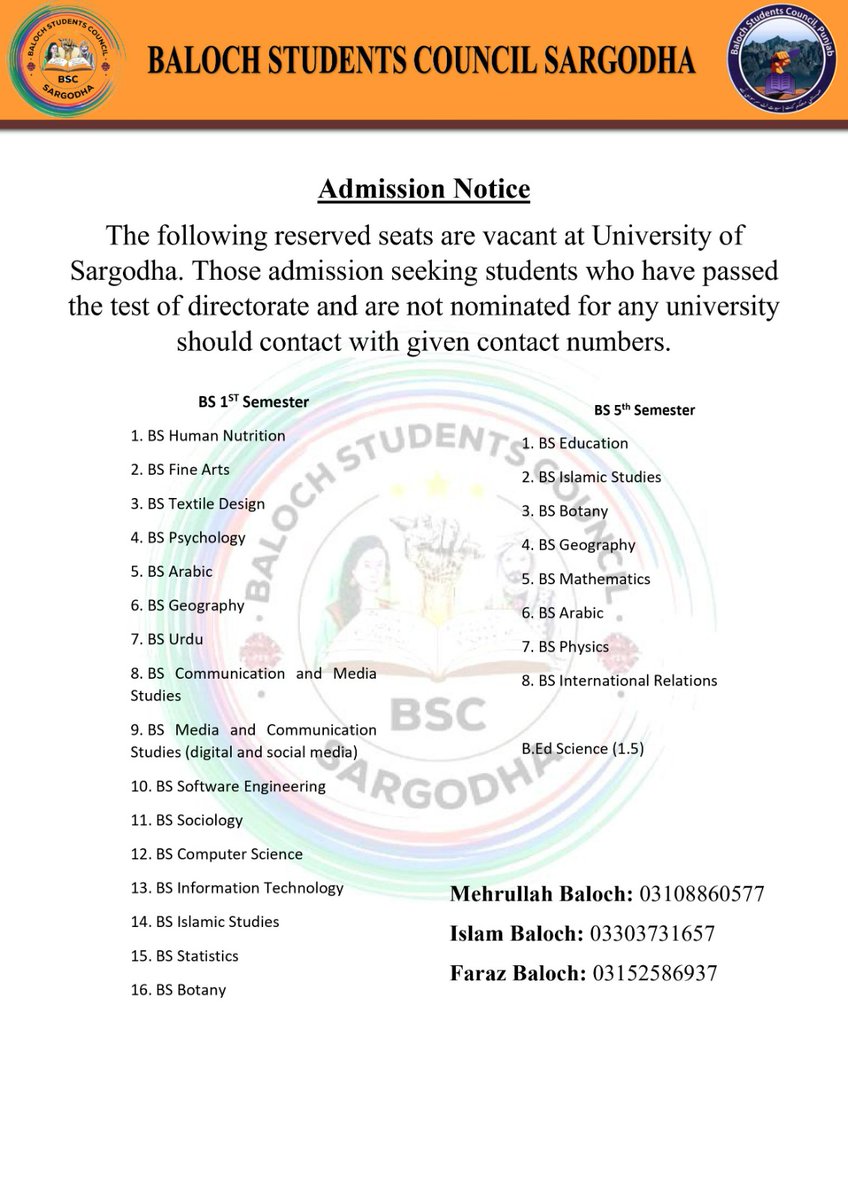 BSCSargodha's tweet photo. 𝐀𝐝𝐦𝐢𝐬𝐬𝐢𝐨𝐧 𝐍𝐨𝐭𝐢𝐜𝐞

The following reserved seats are vacant at University of Sargodha. Those admission seeking students who have passed the test of directorate and are not nominated for any University should contact with given contact numbers. https://t.co/Y5FKw84aeQ