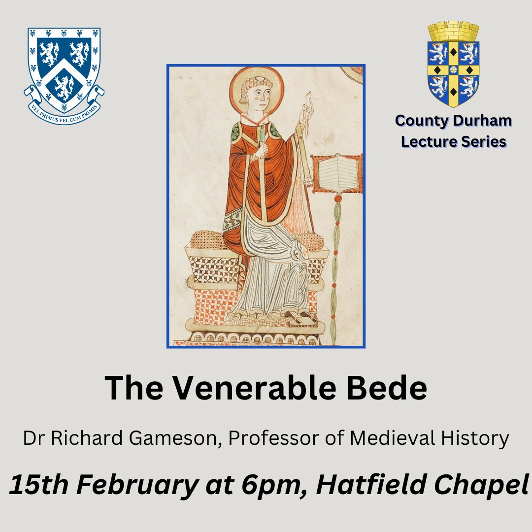 This Thursday (Feb 15th) at 6pm in Hatfield Chapel, our very own Dr Richard Gameson will deliver a talk on 'The Venerable Bede' as part of @hatfieldjcr's County Durham Lecture Series. Join us as we celebrate Bede and his contribution to the unique identity of County Durham!