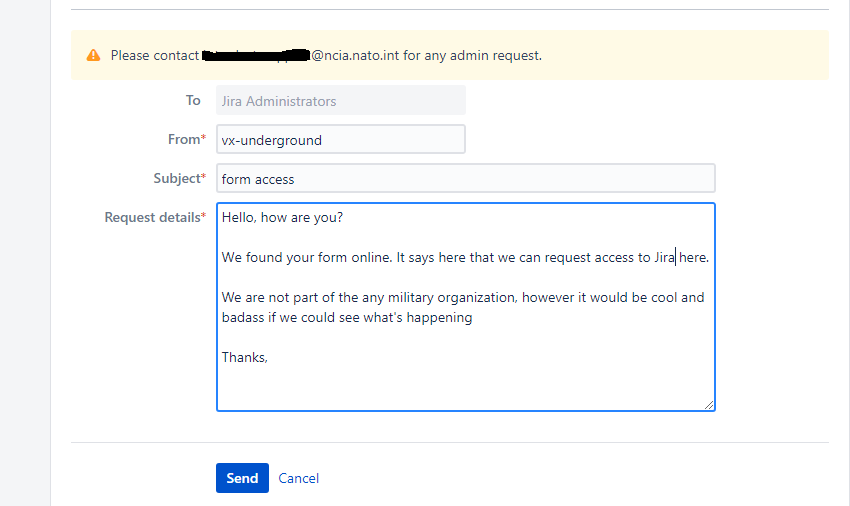 vxunderground's tweet image. We found NATO&apos;s Jira access portal online. It said you can request access via the form URL. We have requested access to NATO.