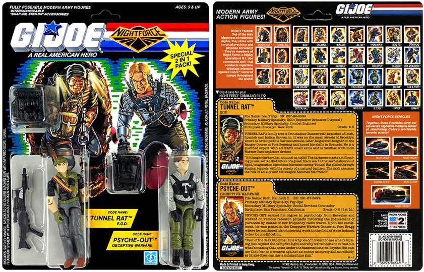 rareactionfigs's tweet photo. Check out this Night Force Tunnel Rat & Psyche Out from GI Joe series 7 in 1988. This is the second version of both figures. What was your favorite two-pack from the Night Force series?
Thanks to @3DJoes for the photos.
#gijoe #tunnelrat #psycheout #actionfigures https://t.co/2yAPo2KDYS