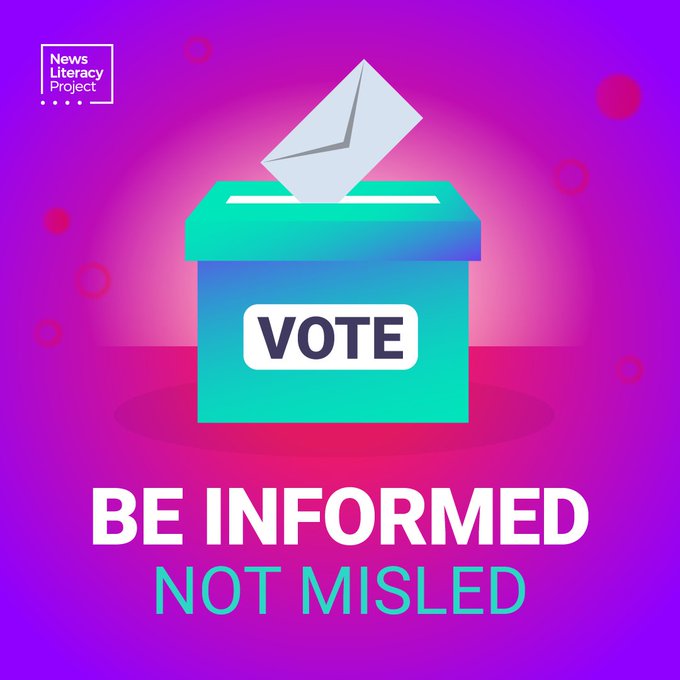 Graphic with a purple background and a large green box with the word VOTE on it and an envelope in midair seemingly going into the box. Big text below: BE INFORMEDNOT MISLED