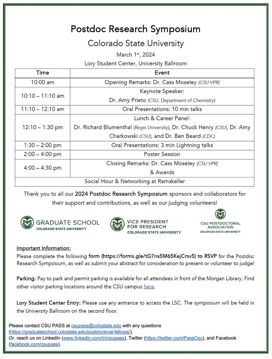 PassCsu's tweet photo. Hello Researchers,

CSU PASS is  excited to announce the 5th annual Postdoc Research Symposium is just  around the corner! Join us on March 1st, 2024 for an edifying day of  research and conversation. Presenters will compete for $2000 in cash  awards! https://t.co/VIbQEzbfNW