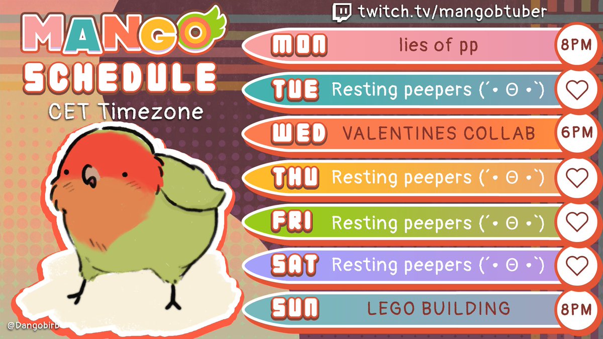 MangoBtuber's tweet photo. ✨schedule for this week✨

Am sorry for being less active ! Am doing my bestest atm ; v ;  

But rn I just really wanna play lies of p and upgrade my p organ 💛❤️💚

#birbtuber #Mangoville
⬇️linkies⬇️ https://t.co/EYmeueOF5U