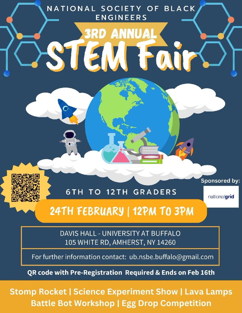 UB's National Society of Black Engineers (#NSBE) is hosting their 3rd annual STEM Fair in celebration of Black History Month! The 2/24 event is FREE for students in 6th-12th grade and parents. #UBuffalo #UBintheCommunity #UBSTEM #BuffaloNY
