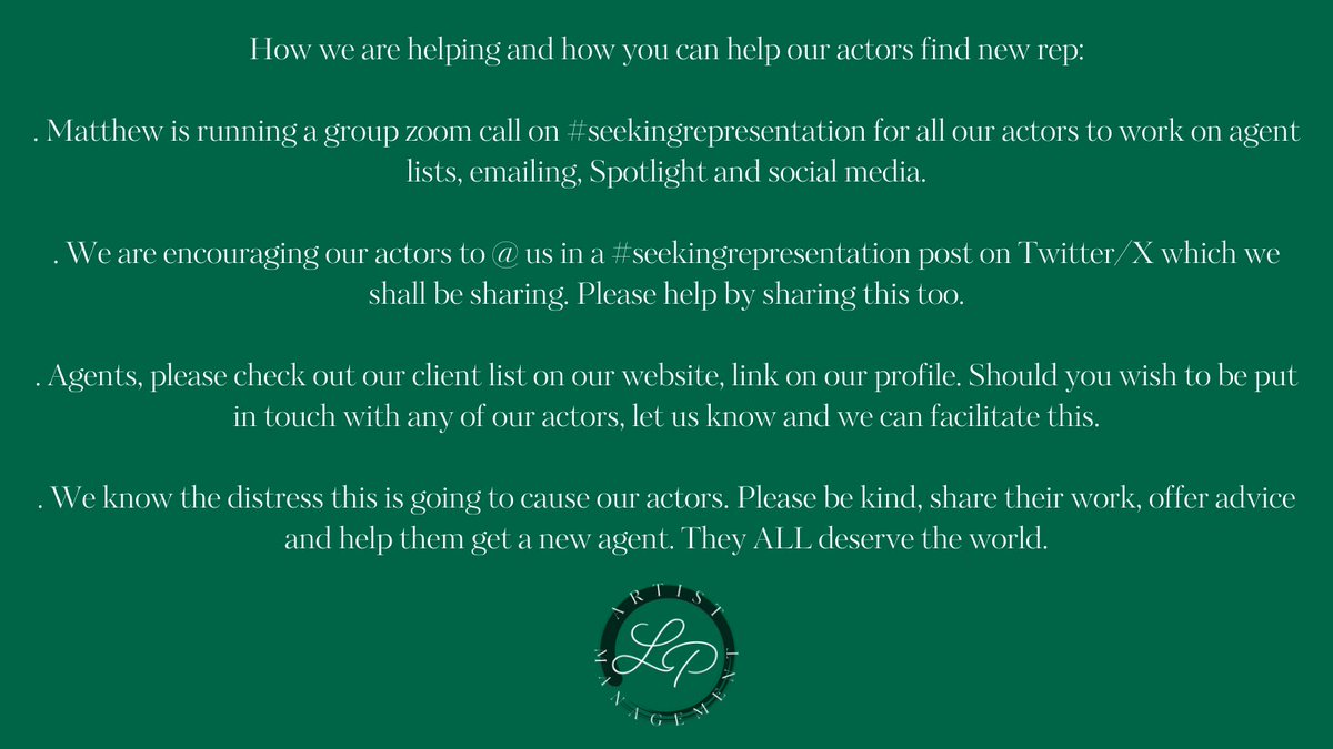 LPArtists's tweet image. Heartbreaking to have share that we are closing the acting agency pathway @LPArtists. 

Despite our best efforts we are financially unable to continue. 

Please read below for more info and how we are helping / how you can assist in finding our actors the new rep they deserve 💚