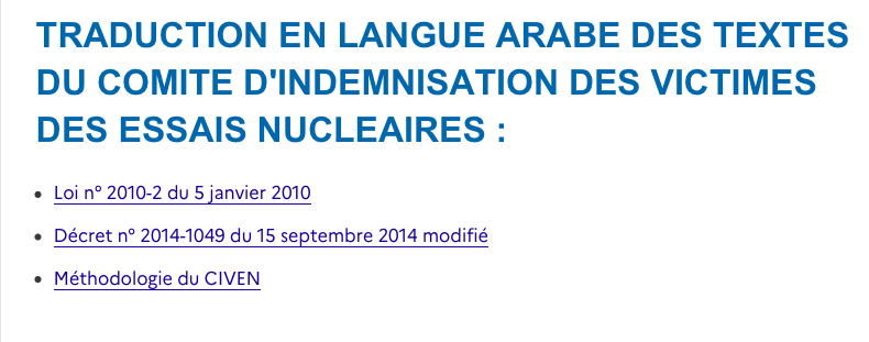 jmc_nonukes's tweet photo. 10/Enfin en novembre2023 après plusieurs années de demande de @ICAN_France le #CIVEN a enfin traduit l’ensemble des documents en langue arabe permettant aux populations algériennes de comprendre leur droit et potentiellement d'engager un processus juridique contre l’État français https://t.co/PQbaO6eiBf