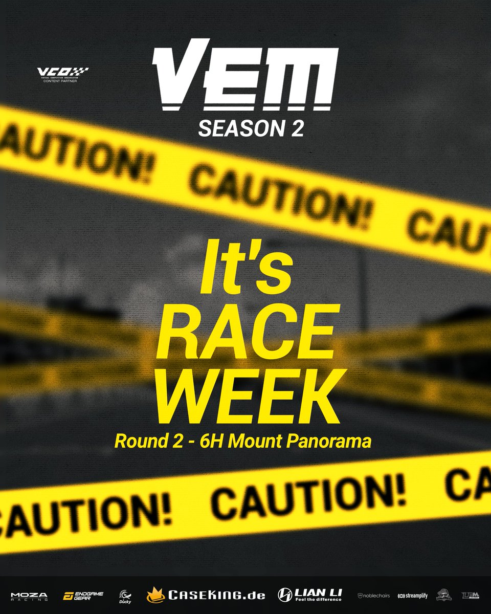LFMotorsport's tweet photo. It's race week!
Next Saturday we start into the second race of the VEM Season 2 | 6h Mount Panorama
So get ready!
#VEM2 @Caseking @GlobalLianli @moza_racing @endgamegear @DuckyChannel @noblechairs @streamplify @LFMotorsport @hc_diZee @vcoesports #beACC #AssettoCorsaCompetizione @AC_assettocorsa