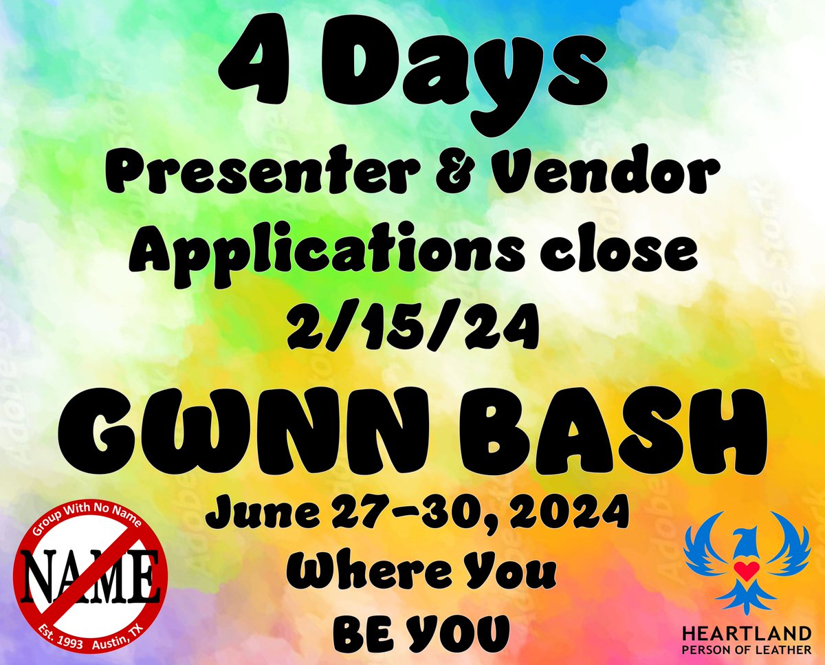 GWNN_BASH's tweet photo. Application deadline is Thursday, February 15th at 11:59pm.

Presenters can apply at https://t.co/On9EN6GdTT
Vendors can apply at https://t.co/XHB5gkuS0q

GWNN BASH XXXI - Be You
June 27-30, 2024
Austin, Texas

https://t.co/slsML6h3mB
Questions?: GWNNBASH@gmail.com https://t.co/QDRiEscLjs