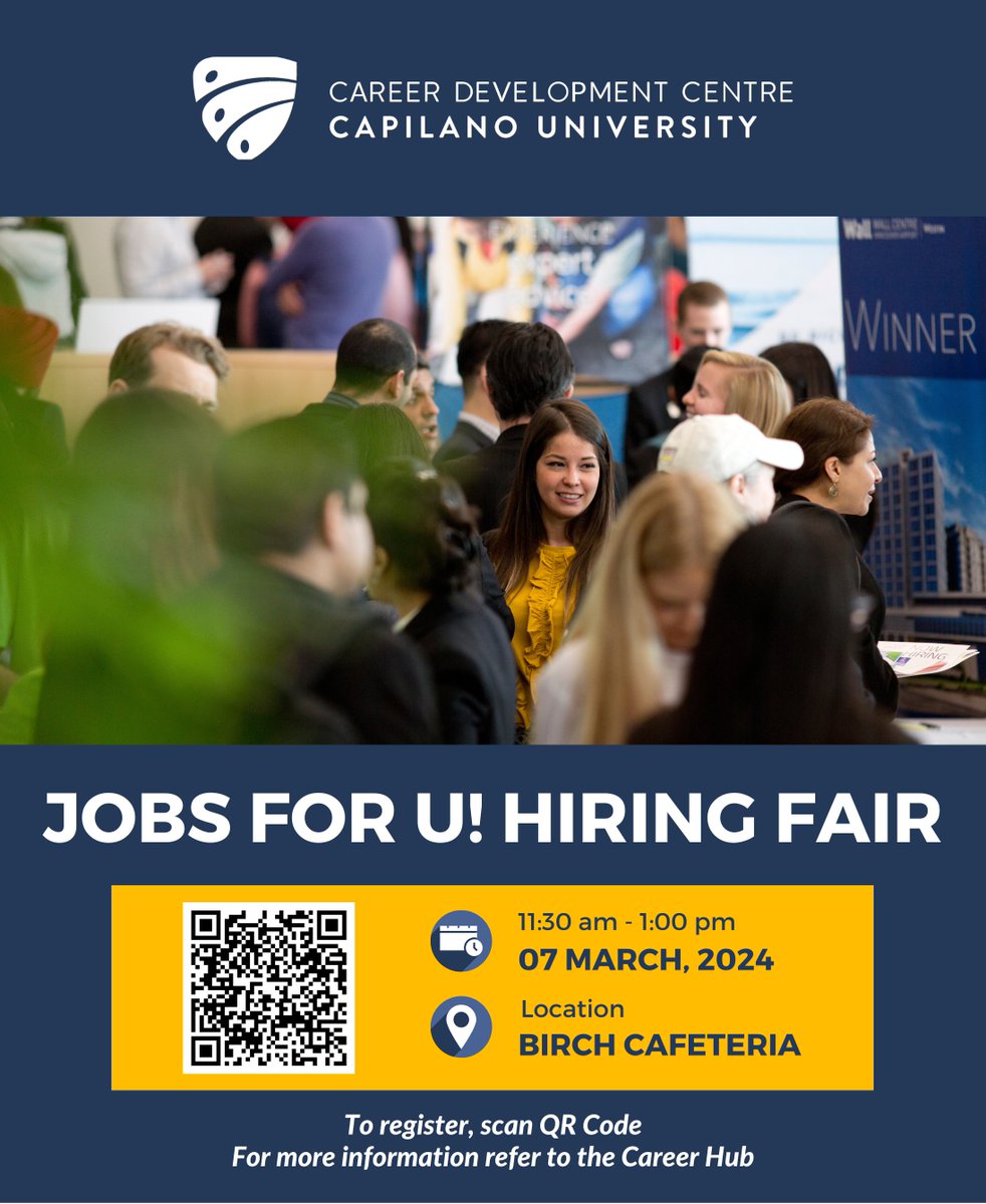 Jobs for U! Hiring Fair – Thursday, March 7th
Location: Birch Cafeteria
Student registration links by timeslot:
Ø 11:30 AM to 1:00 PM: experience.capilanou.ca/home/publiceve…