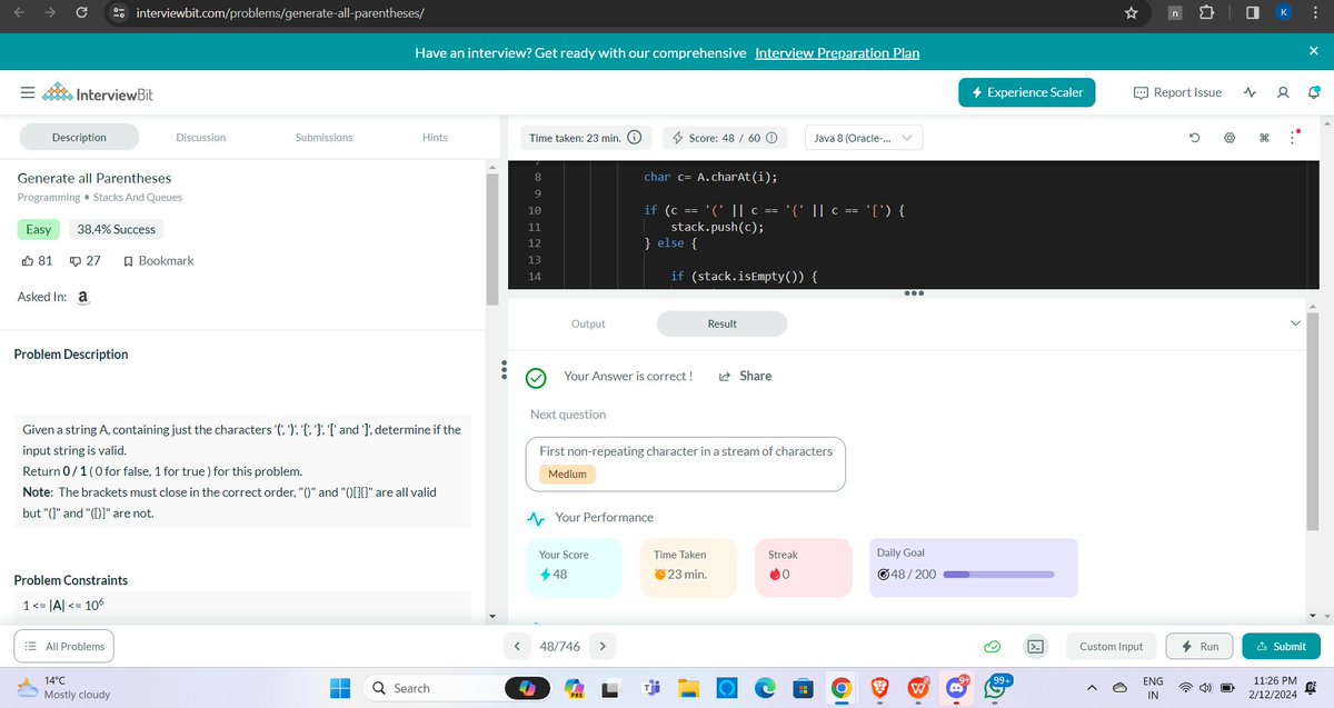Hello peers 👋, I have completed #Day042 of #365DaysofCode Challenge with @scaler_official. Today I solved the question interviewbit.com/problems/gener… Scaler discord community link: bit.ly/ScalerDiscord #codewithscaler #365daysofcodescaler