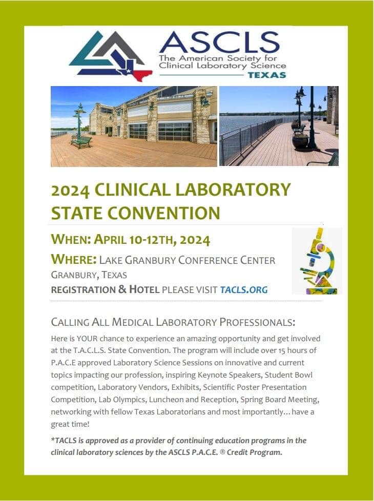 Join us in Granbury, TX on April 10-12th for our Annual TACLS meeting! Visit our website (tacls.org) for registration, hotel, and program information! #ASCLS #LABLIFE #WeSaveLives