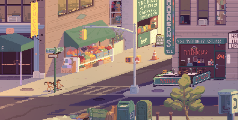 tallsoren's tweet photo. the demo for Perfect Tides: Station to Station comes out tomorrow!! This is the first background I made for the new game, my ode to the fictional 23rd street of 2003 :) https://t.co/wzHZcg0QXN