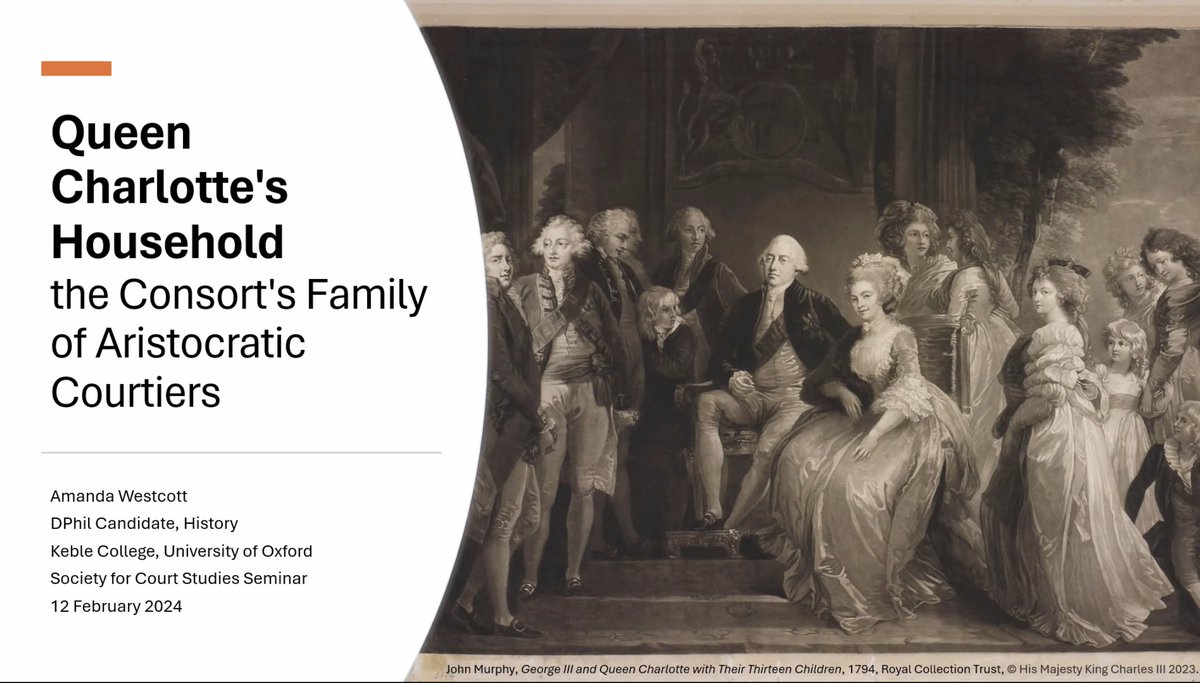 SCS seminar Amanda Westcott (Oxford) will talk about ‘Queen Charlotte's Household: the Consort's Family of Aristocratic Courtiers’. Over time the Queen's authority over her court grew. Less political but more important were family networks