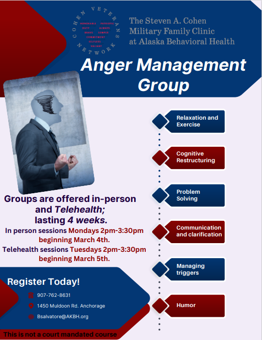 We are currently enrolling adults in our Anger Management Group. The four week course is available in-person in Anchorage on Mondays and statewide via telehealth on Tuesdays. Call 907-762-8631 or email Brandi at bsalvatore@akbh.org to register.