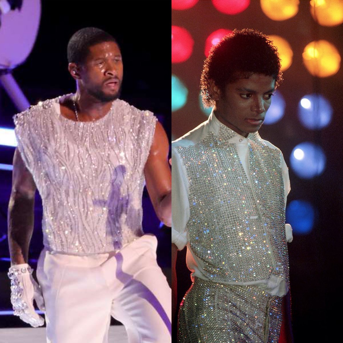 The highlight of Usher’s #SuperBowl performance,  in terms of outfits for me, was the subtle tribute to #MichaelJackson from #TheJacksons Triumph Tour. 🪩✨

The one-glove, the all-white sparkly outfit and interpolating ‘Can You Feel It’? Michael would’ve loved it. 👑🖤