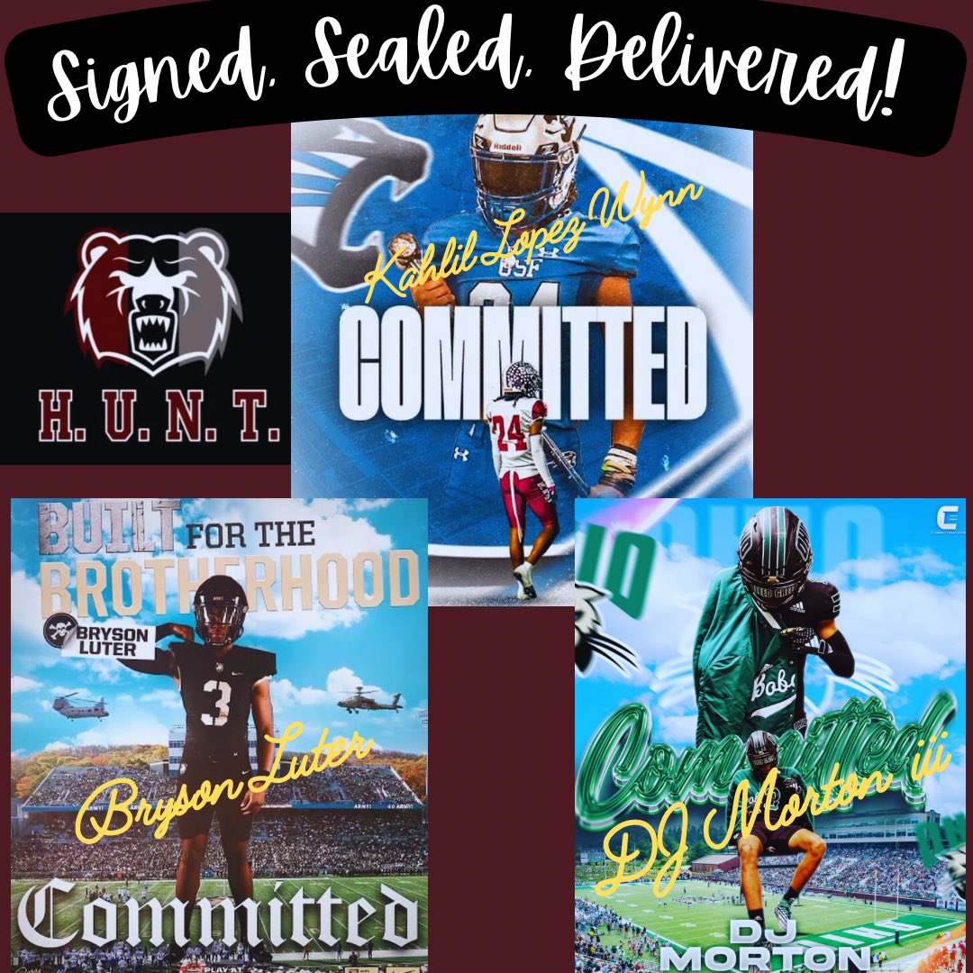 Huge S/O to 3 high end guys @brysonluter @DejayMorton @kahlilWynn__ on the choice to further their academic and athletic careers at the collegiate level. Praying for your success! Go HUNT! 🐻🏈