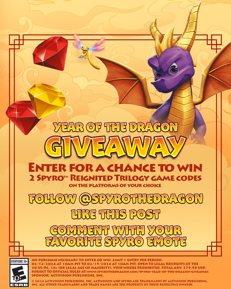 SpyroTheDragon's tweet image. We're celebrating the Year of the Dragon with a Spyro Giveaway! To enter:
🐉 Follow @SpyroTheDragon
🐉 Like this post
🐉 Comment with your favorite Spyro emote!