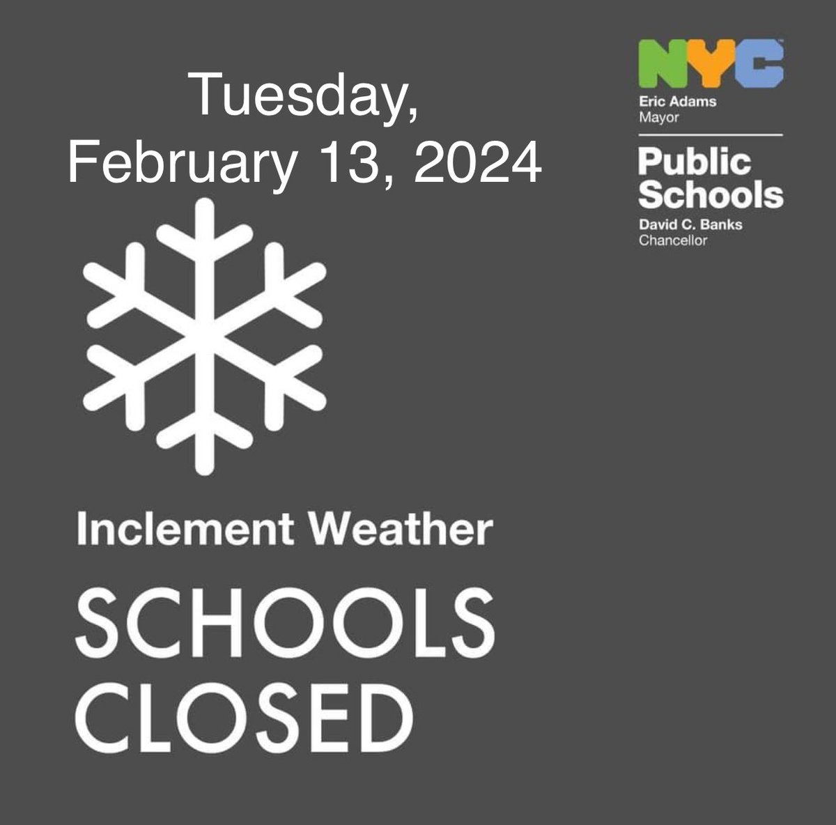 BSSJconnected's tweet photo. Due to expected severe weather conditions, New York City Public Schools will pivot to remote learning on Tuesday, February 13.
 
While buildings are closed, school will be in session remotely for all students.
All afterschool activities for Tuesday, February 13 will be canceled. https://t.co/wUVo2hNbnh