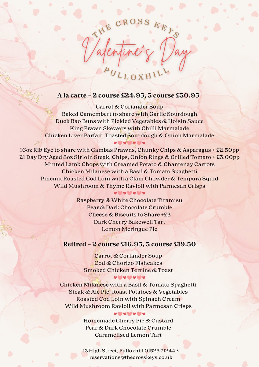 The Cross Keys (@thexkeys) on Twitter photo Happy February! And with that our chef Darren has come up with a wonderful menu for you to enjoy a special lunch or dinner to celebrate with someone special.
Just call the team on 01525 712442 or email reservations@thecrosskeys.co.uk to book your table! Happy February! And with that our chef Darren has come up with a wonderful menu for you to enjoy a special lunch or dinner to celebrate with someone special.
Just call the team on 01525 712442 or email reservations@thecrosskeys.co.uk to book your table!
